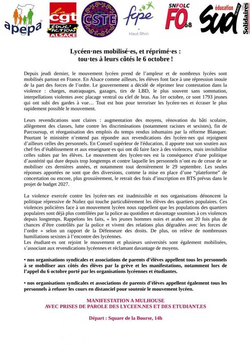 Mobilisation en soutien aux lycéen⋅nes et étudiant⋅es et pour dénoncer la répression violente