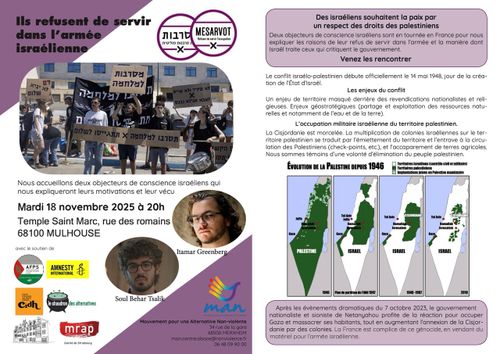 Deux objecteurs de conscience israéliens témoignent, à l’occasion d’une tournée exceptionnelle à travers la France, du 13 au 28 novembre 2025. 