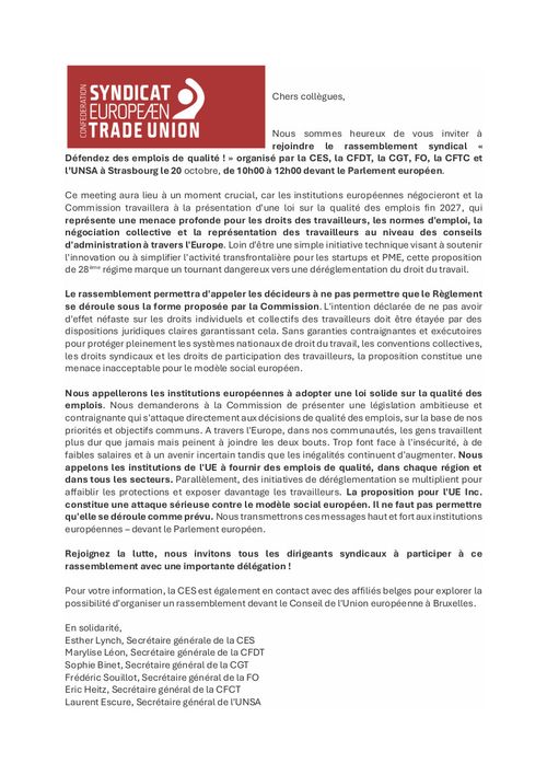 Rassemblement inter-syndical : DEFENDEZ DES EMPLOIS DE QUALITÉ !