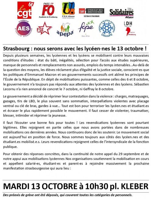 Mobilisation intersyndicale de soutien aux manifestations étudiantes et contre la répression violente